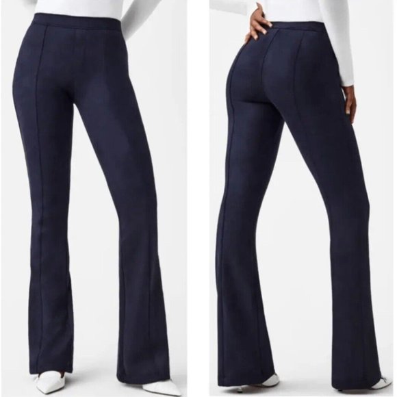 SPANX Faux Suede Flare Pants Pull On Stretchy Slimming Navy Blue Boho NWT - Picture 9 of 10